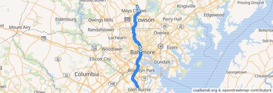 Mapa del recorrido Baltimore Light RailLink: Fairgrounds → Glen Burnie de la línea  en Maryland.