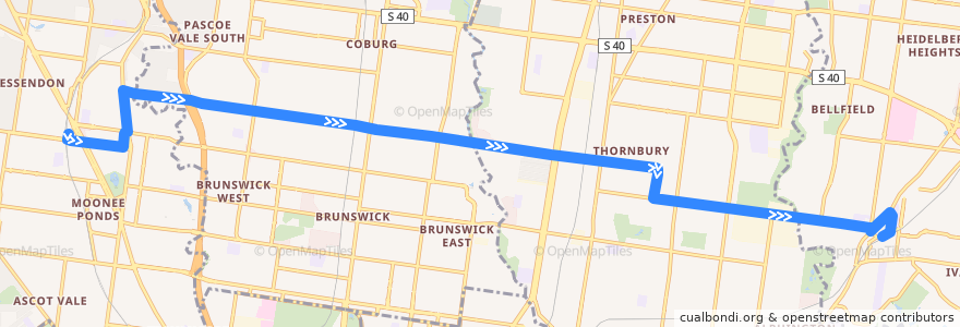 Mapa del recorrido Bus 510: Essendon => Brunswick & Northcote & Thornbury => Ivanhoe de la línea  en Melbourne.