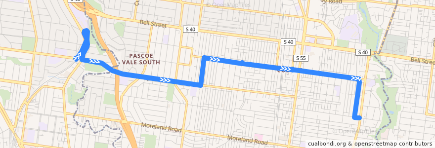 Mapa del recorrido Bus 512: Strathmore => Pascoe Vale South & Coburg West & Coburg => East Coburg de la línea  en City of Merri-bek.