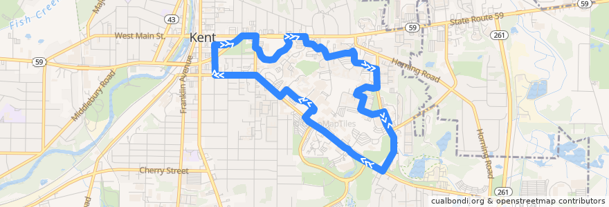 Mapa del recorrido Bus 51: Kent Central Gateway -> Rockwell Hall -> Cartwright Hall -> Center for Performing Arts -> Residence Halls -> Tri-Towers -> Van Campen -> KSU Student Center -> Kent Central Gateway de la línea  en Kent.