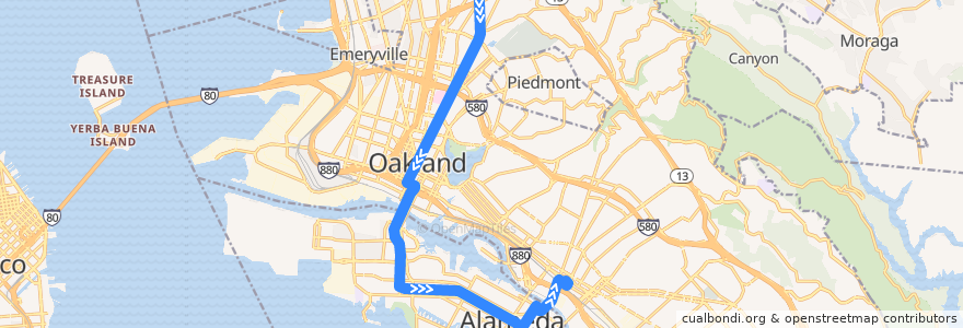 Mapa del recorrido AC Transit 51A: Rockridge BART => Fruitvale BART de la línea  en Alameda County.