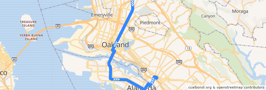 Mapa del recorrido AC Transit 51A: Rockridge BART => Fruitvale BART de la línea  en Condado de Alameda.