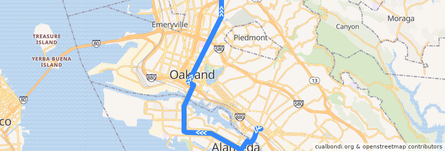 Mapa del recorrido AC Transit 51A: Fruitvale BART => Rockridge BART de la línea  en Alameda County.