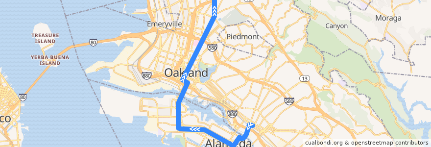 Mapa del recorrido AC Transit 51A: Fruitvale BART => Rockridge BART de la línea  en Condado de Alameda.
