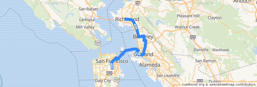 Mapa del recorrido AC Transit 800: 24th Street & Mission => Market & Van Ness => Richmond BART (weekends) de la línea  en Калифорния.
