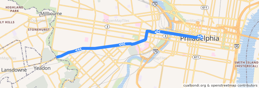 Mapa del recorrido SEPTA 34: Center City → Angora Loop de la línea  en Philadelphia.