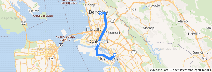 Mapa del recorrido AC Transit 851: Downtown Berkeley => Fruitvale BART de la línea  en 阿拉梅达县/阿拉米達縣/阿拉米達郡.
