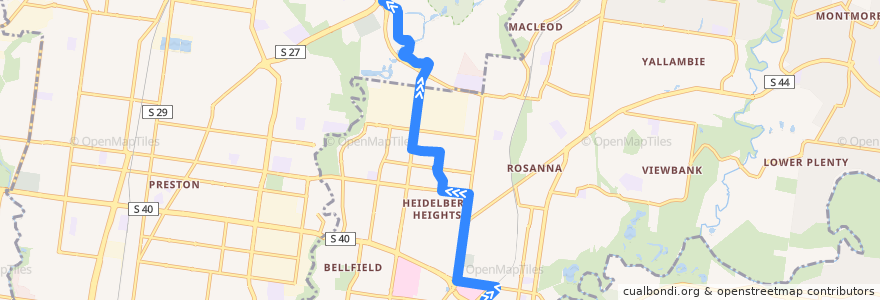 Mapa del recorrido Bus 551: Heidelberg => La Trobe University de la línea  en Melbourne.