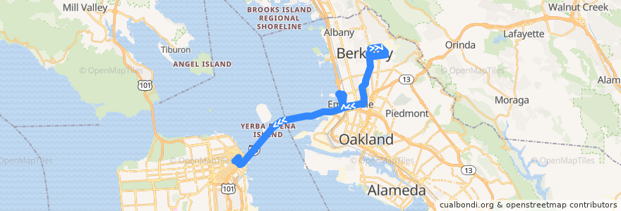 Mapa del recorrido AC Transit F: U.C. Campus => Salesforce Transit Center de la línea  en Калифорния.