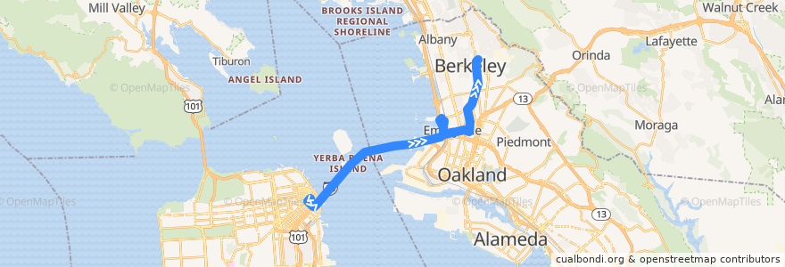 Mapa del recorrido AC Transit F: Salesforce Transit Center => U.C. Campus de la línea  en カリフォルニア州.