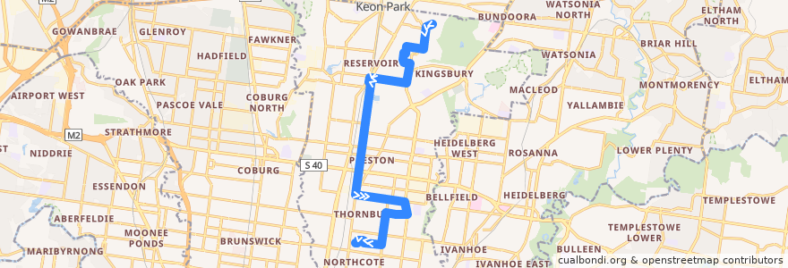 Mapa del recorrido Bus 552: North East Reservoir => Northcote Plaza de la línea  en City of Darebin.