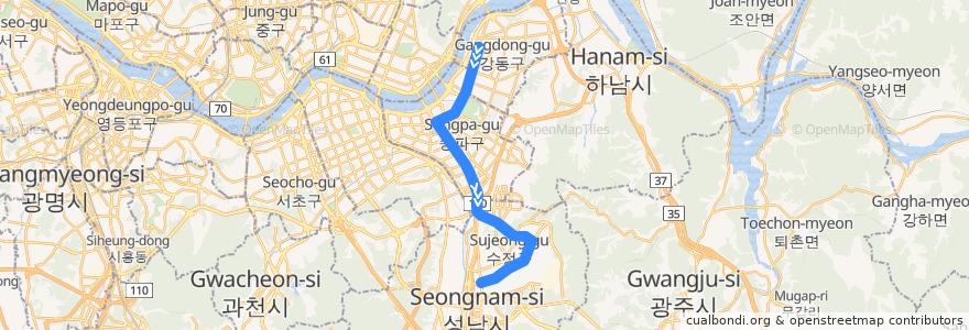 Mapa del recorrido 서울 지하철 8호선: 암사 → 모란 de la línea  en 대한민국.