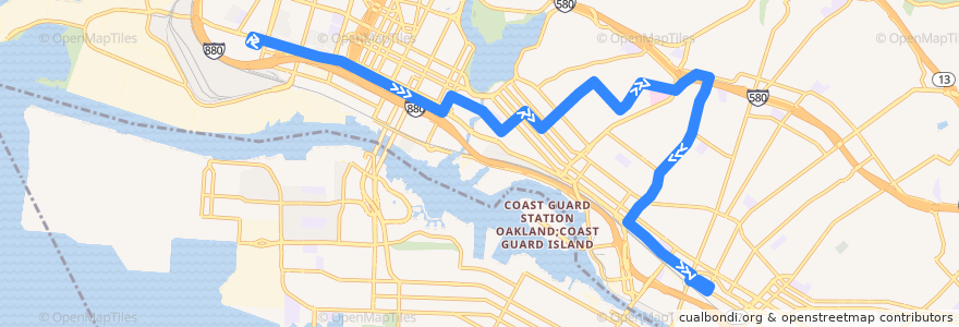 Mapa del recorrido AC Transit 62: West Oakland BART => Fruitvale BART de la línea  en 奥克兰/奧克蘭/屋崙.