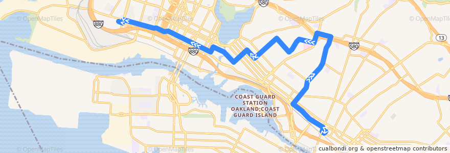 Mapa del recorrido AC Transit 62: Fruitvale BART => West Oakland BART de la línea  en اوکلند، کالیفرنیا.
