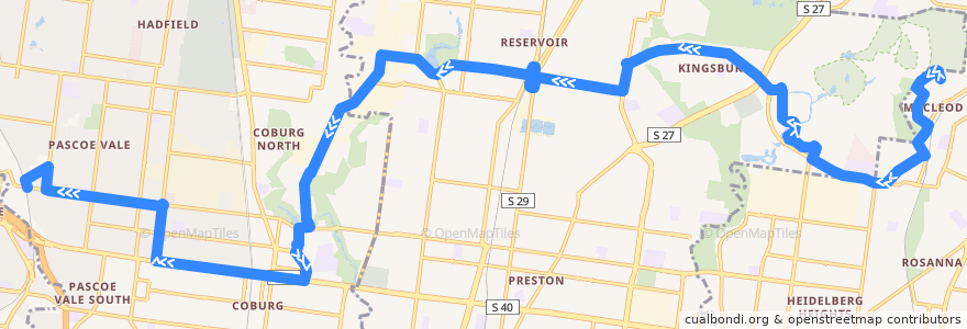 Mapa del recorrido Bus 561: Macleod => La Trobe University => Pascoe Vale de la línea  en Melbourne.