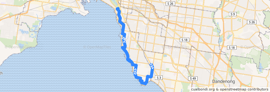 Mapa del recorrido Bus 600: Southland SC => Tramway Parade & Brighton Beach => St Kilda Station de la línea  en Melbourne.