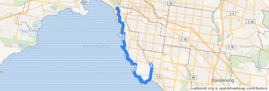 Mapa del recorrido Bus 923: Southland SC => Beach Road & Brighton Beach => St Kilda Station de la línea  en Melbourne.