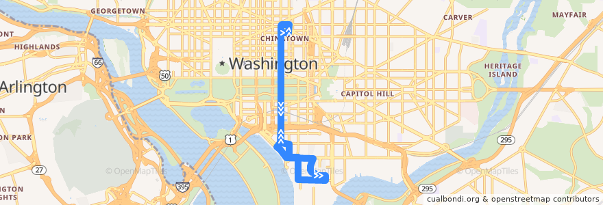 Mapa del recorrido WMATA 74 Convention Center-Southwest Waterfront Line de la línea  en Washington.