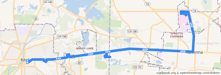 Mapa del recorrido Bus 35: Kent Central Gateway -> KSU/Moulton Hall -> Meadow View/Walmart -> PMHA -> Black Horse -> Downtown Ravenna -> Ravenna High School -> University Hospitals Portage Medical Center de la línea  en Portage County.
