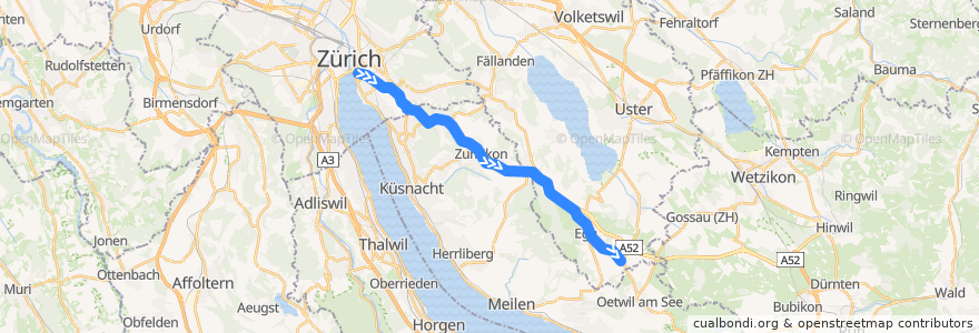 Mapa del recorrido S18: Zürich Stadelhofen –> Esslingen de la línea  en Zürich.