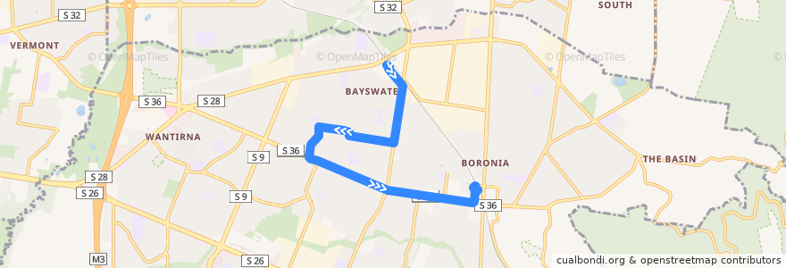 Mapa del recorrido Bayswater - Boronia via Pindari Drive de la línea  en City of Knox.