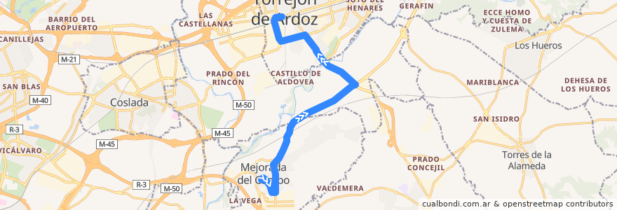 Mapa del recorrido Bus 340: Mejorada del Campo → Torrejón de Ardoz de la línea  en Comunidad de Madrid.