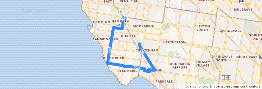 Mapa del recorrido Bus 825: Moorabbin => Black Rock & Mentone => Southland de la línea  en Melbourne.