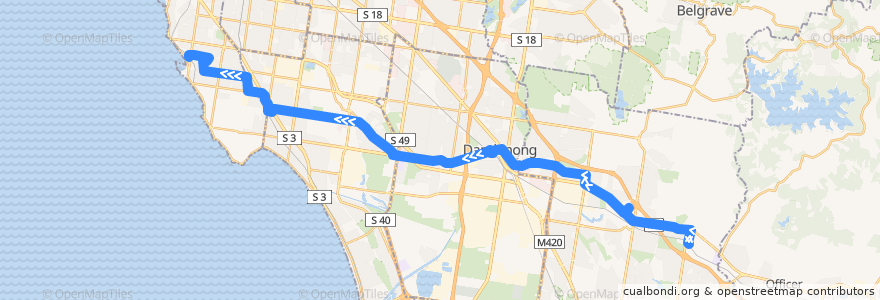 Mapa del recorrido Bus 828: Berwick Station => Dandenong & Southland SC => Hampton Station de la línea  en Melbourne.