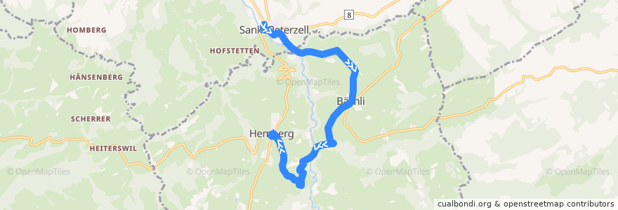 Mapa del recorrido Bus 185: St. Peterzell, Dorf => Hemberg, Dorf de la línea  en Neckertal.