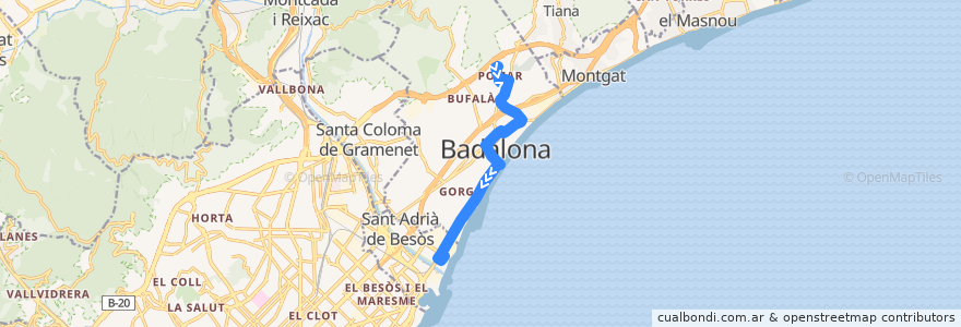 Mapa del recorrido B7 BADALONA (POMAR/ESTACIÓ RODALIES) - SANT ADRIÀ DE B. (ESTACIÓ RODALIES) de la línea  en Badalona.