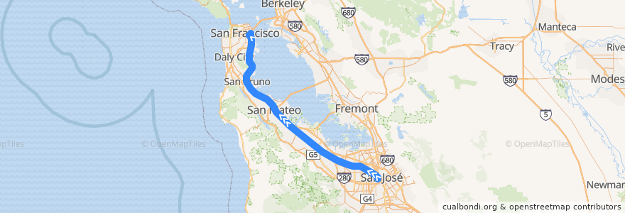 Mapa del recorrido Caltrain Baby Bullet: San José => San Francisco (weekends) de la línea  en Californië.