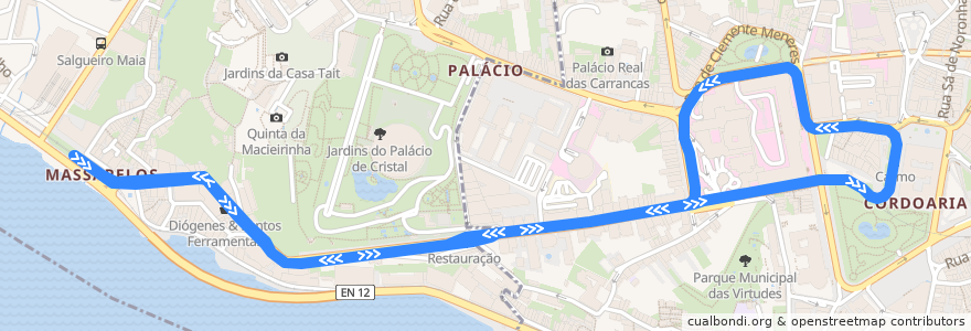 Mapa del recorrido Tram 18: Circular Massarelos => Carmo de la línea  en Porto.