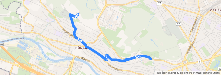 Mapa del recorrido Bus 38: Zürich, Schützenhaus Höngg → Waidspital de la línea  en Zürich.