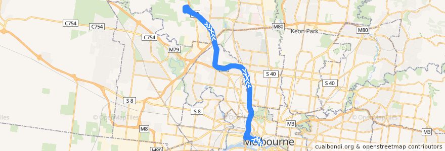 Mapa del recorrido Bus SkyBus: Melbourne (Southern Cross Station) => Melbourne Tullamarine Airport (MEL) => Melbourne (Southern Cross Station) de la línea  en Melbourne.