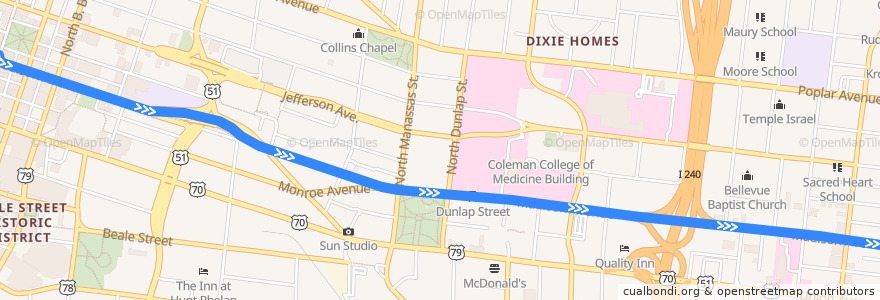 Mapa del recorrido Trolley - Madison Avenue Line westbound de la línea  en Memphis.