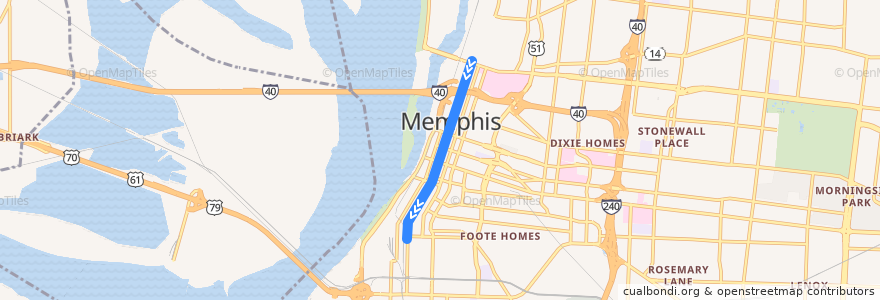 Mapa del recorrido Trolley - Main Street Line southbound de la línea  en Memphis.