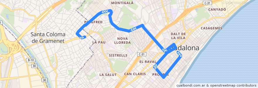 Mapa del recorrido M1 BADALONA (METRO PEP VENTURA) - STA. COLOMA DE G. (METRO FONDO) de la línea  en Badalona.