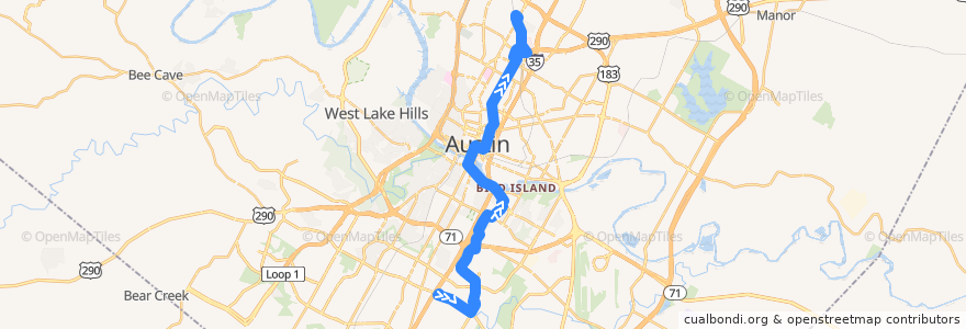 Mapa del recorrido Capital Metro 7 Duval/Dove Springs (northbound) de la línea  en Austin.