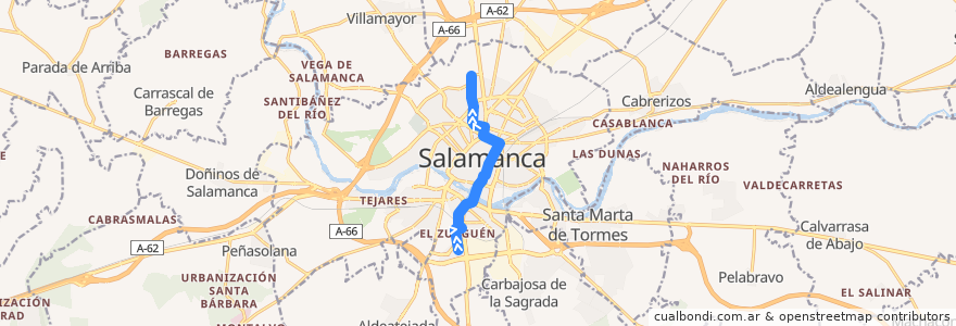 Mapa del recorrido 9. Zurguén → Capuchinos de la línea  en Salamanca.