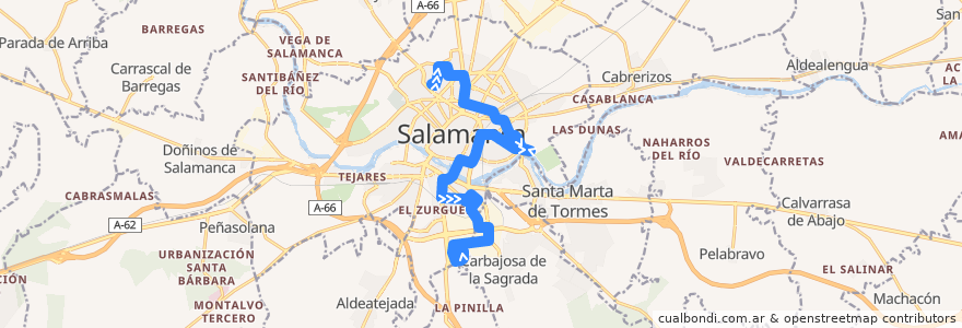 Mapa del recorrido 12. Barrio Blanco → Montalvo II de la línea  en Salamanca.