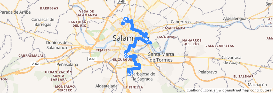 Mapa del recorrido 12. Montalvo II → Barrio Blanco de la línea  en Salamanca.