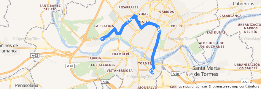 Mapa del recorrido 13. San José → Huerta Otea de la línea  en Salamanca.