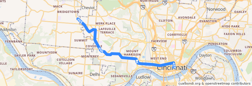 Mapa del recorrido 33 Western Hills - Glenway de la línea  en Cincinnati.