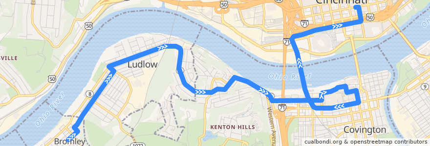 Mapa del recorrido Ludlow-Bromley de la línea  en Contea di Kenton.