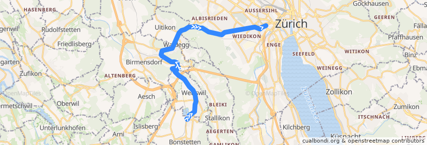 Mapa del recorrido Bus 220: Bonstetten-Wettswil, Bahnhof => Zürich, Bahnhof Wiedikon de la línea  en Zurique.