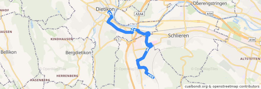 Mapa del recorrido Bus 311: Urdorf Weihermatt, Bahnhof → Dietikon, Bahnhof de la línea  en Bezirk Dietikon.