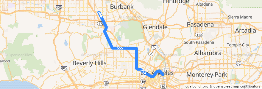 Mapa del recorrido Metro Red Line (B) - North Hollywood → Union Station de la línea  en Los Ángeles.