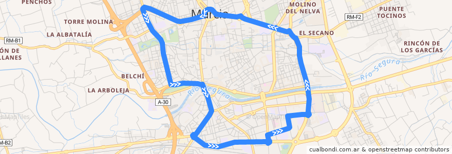Mapa del recorrido Plaza Circular - Hospital San Carlos de la línea  en Área Metropolitana de Murcia.