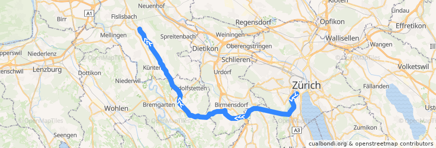 Mapa del recorrido Bus 445: Zürich, Bahnhof Enge/Bederstrasse → Oberrohrdorf, Staretschwil de la línea  en İsviçre.