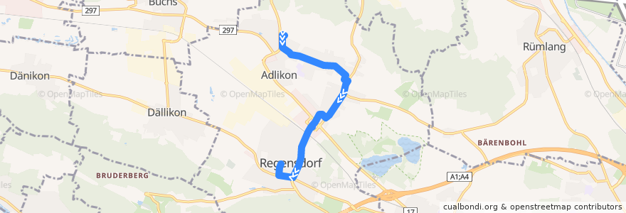 Mapa del recorrido Bus 451: Adlikon b. R., Leematten => Regensdorf, Zentrum de la línea  en Regensdorf.